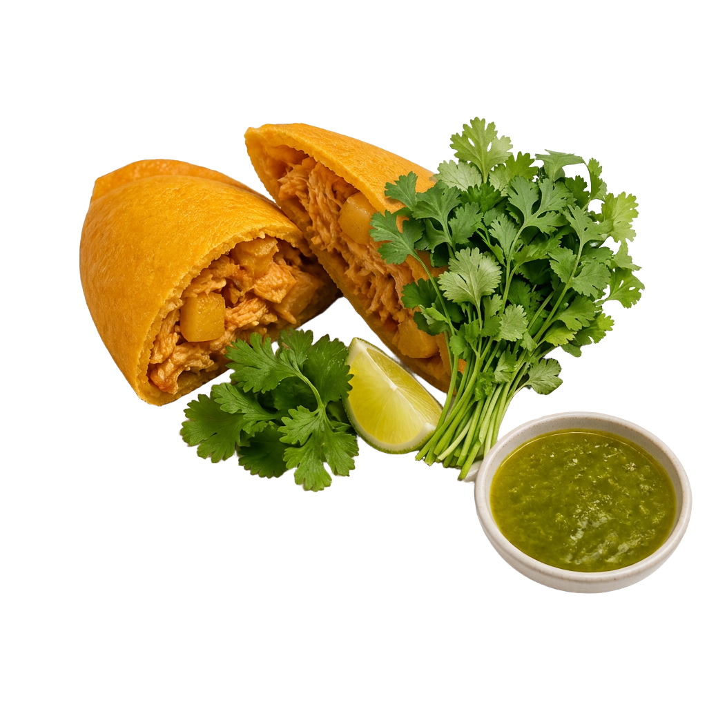 Cut-out van een goudgele maïsempanada Pollo met kip en aardappel en een schaaltje verse groene ají