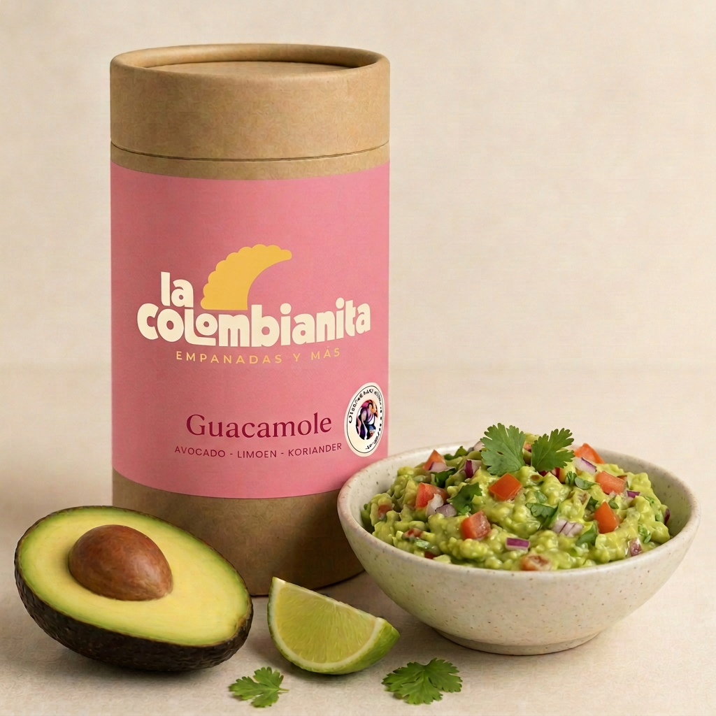 Roze kartonnen koker verse guacamole van La Colombianita met een schaaltje guacamole ernaast