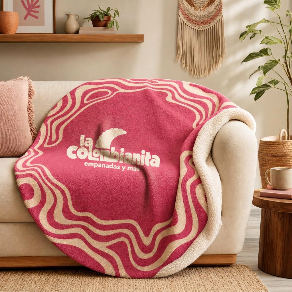 Ronde roze sherpa fleecedeken met het logo van La Colombianita over een crème bank
