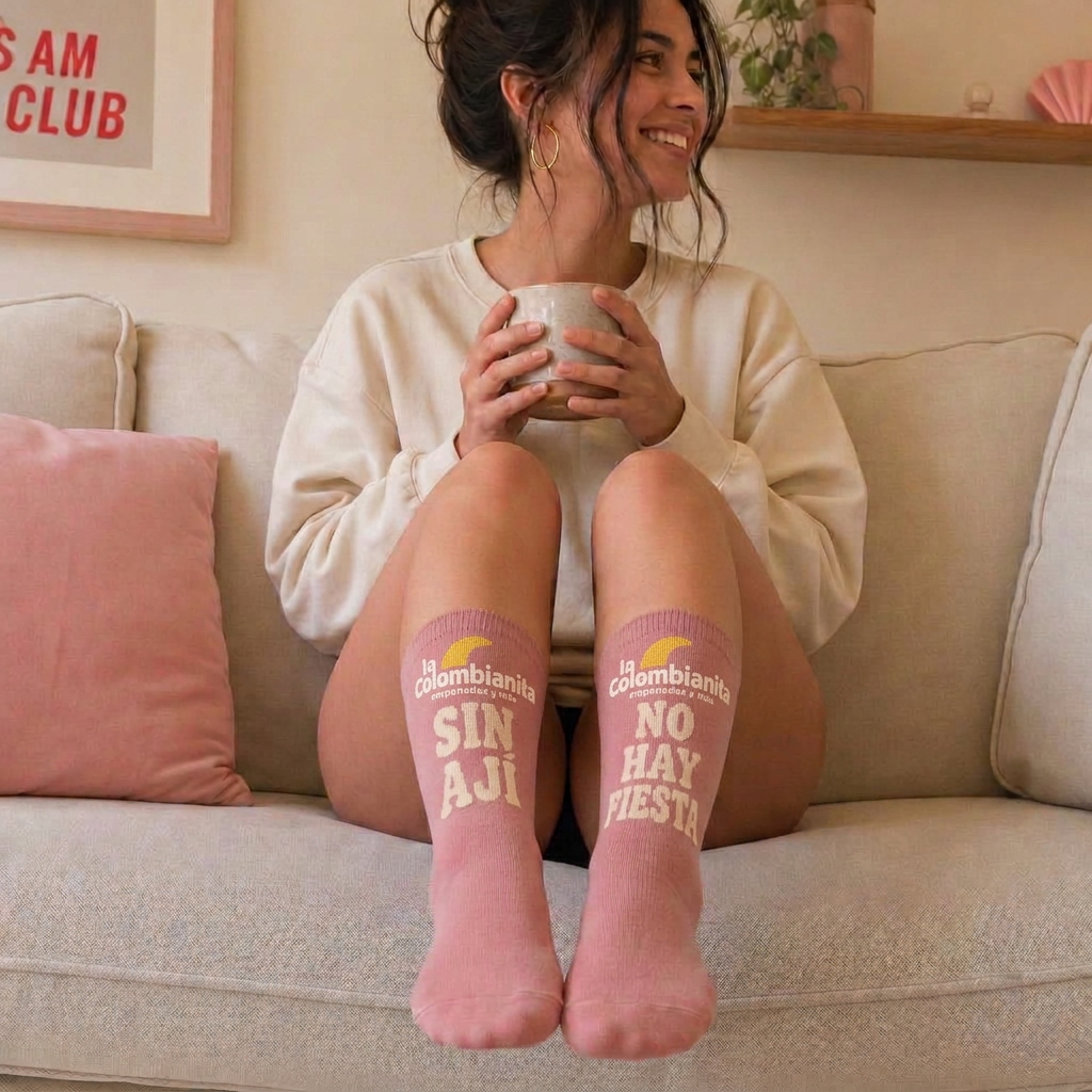 Roze sokken met SIN AJÍ en NO HAY FIESTA op een crème bank