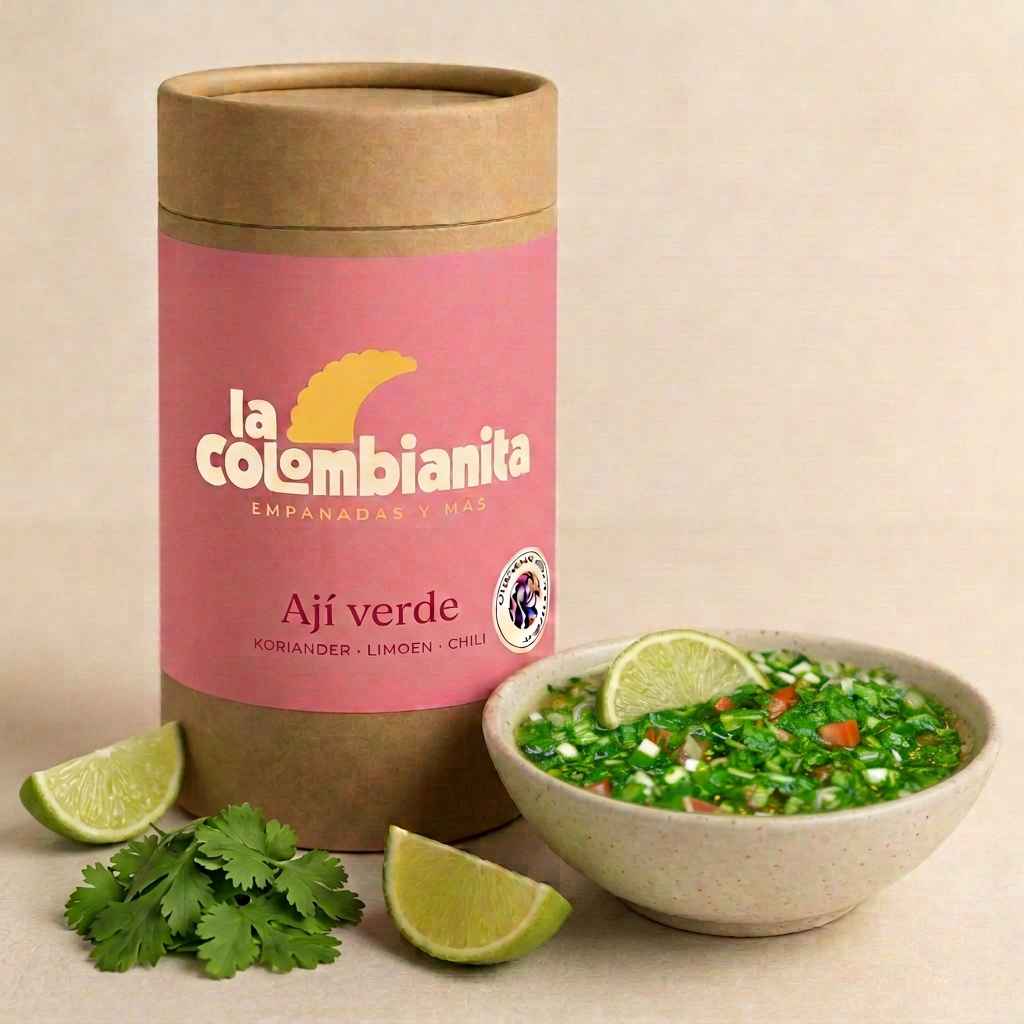 Roze kartonnen koker Ají verde van La Colombianita met een vers schaaltje ají ernaast