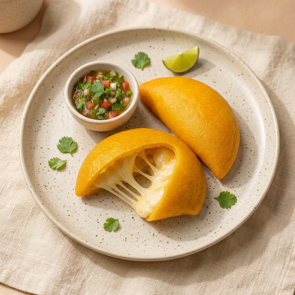 Cut-out van een goudgele maïsempanada Queso met kaasvulling en een schaaltje verse groene ají