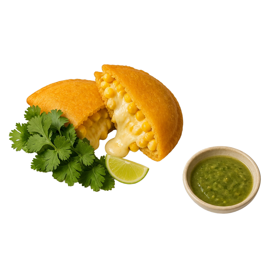 Cut-out van een goudgele maïsempanada Queso met kaasvulling en een schaaltje verse groene ají