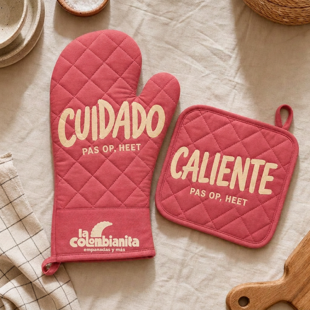 Roze ovenwant met CUIDADO en pannenlap met CALIENTE, met het logo van La Colombianita