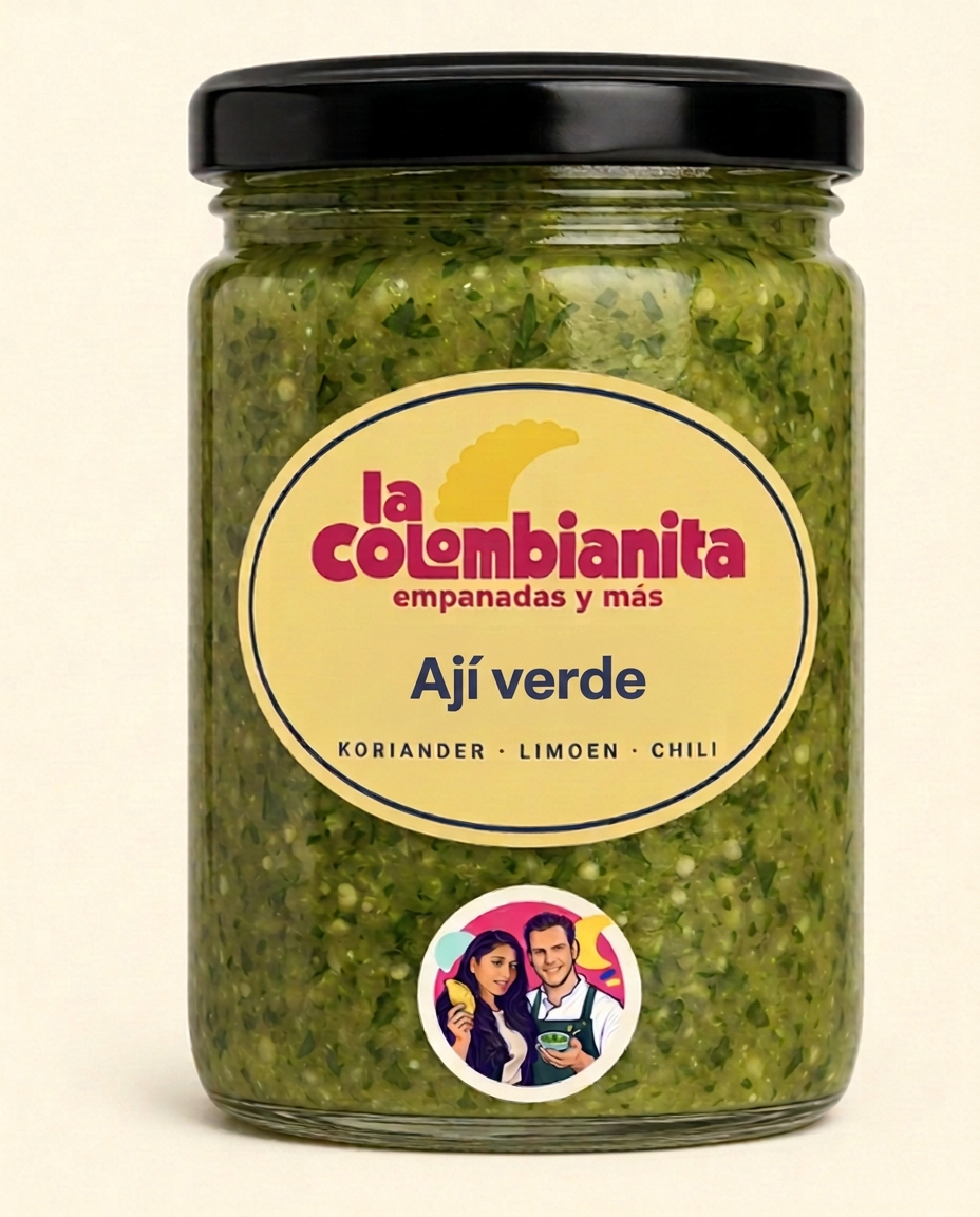 Glazen potje Ají verde van La Colombianita met geel label, logo en productnaam