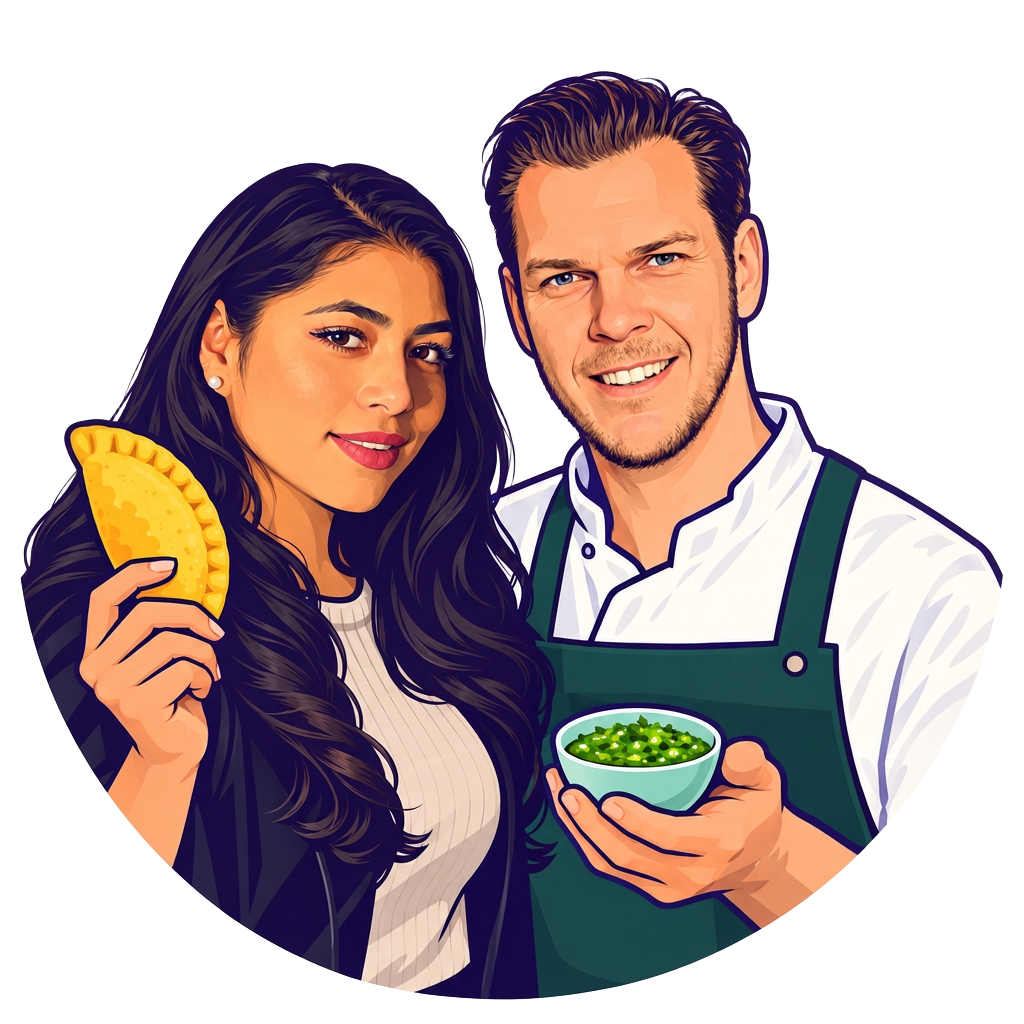 Illustratie van Nathalia Silva Peña met empanada en chef Geert-Jan Vaartjes met ají