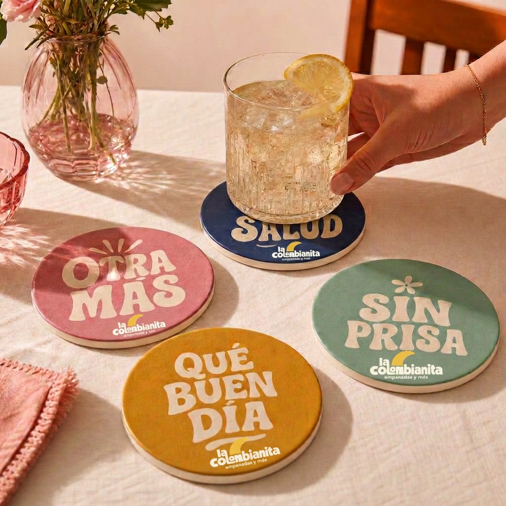 Vier gekleurde onderzetters met Spaanse kreten op een gedekte tafel