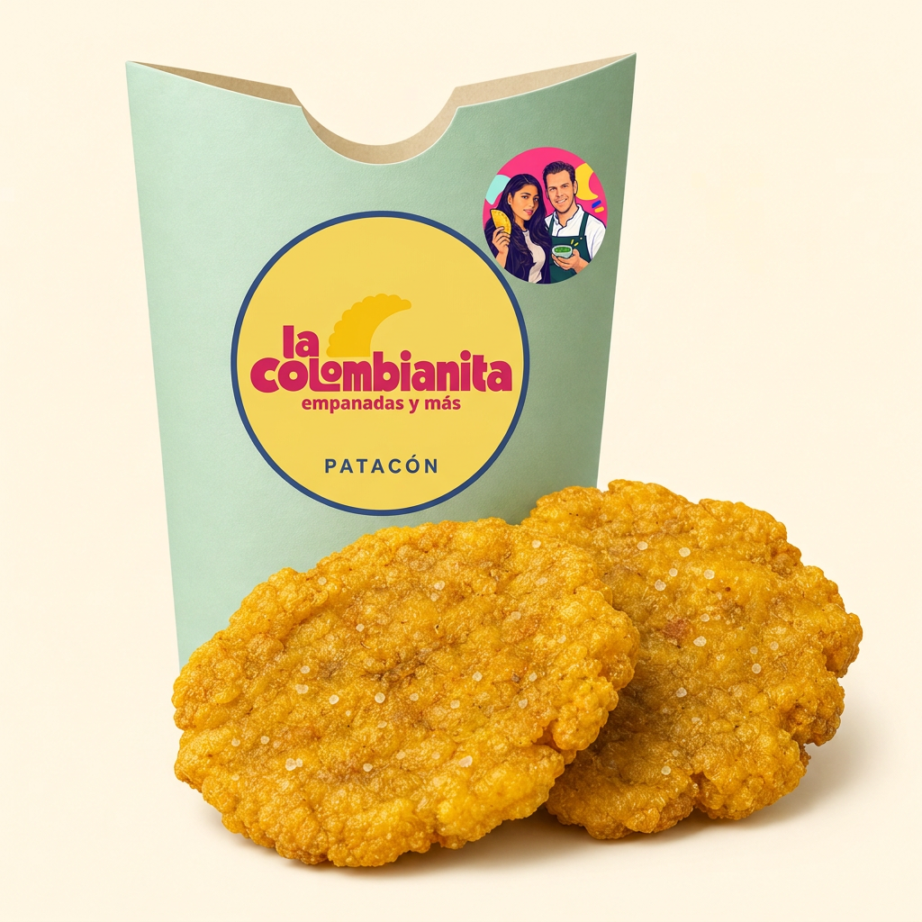 Twee goudgele patacones voor een mintgroene verpakking met logo en de productnaam Patacón