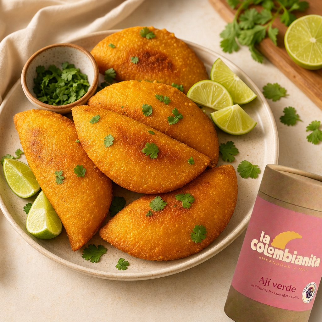 Goudgele Colombiaanse maïsempanadas met limoen, koriander en een roze koker Ají verde van La Colombianita